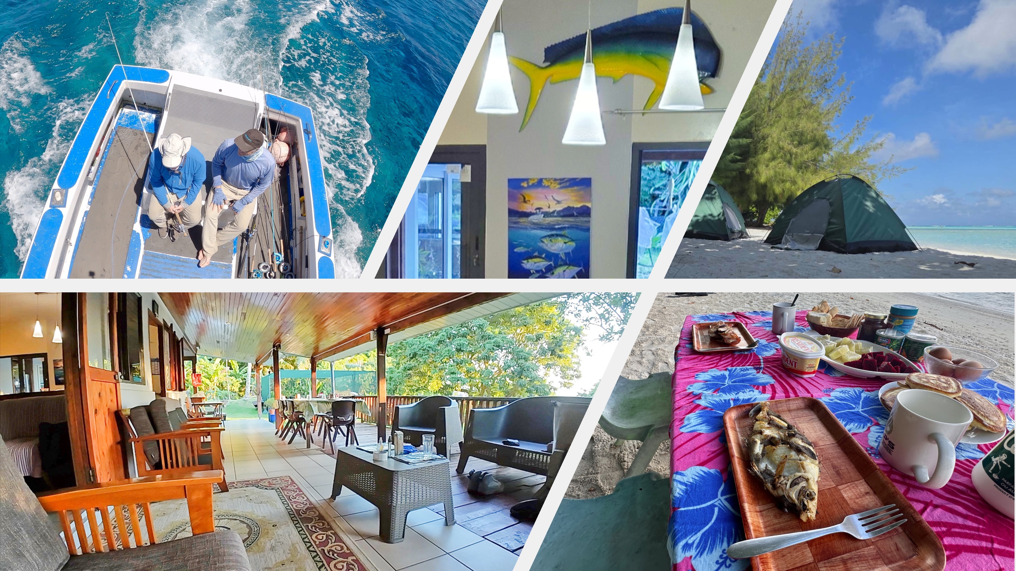 Accommodations French Polynesia — fishing boat, lodge interior, beach camping, and beachside dining on an Out Island Odyssey expedition