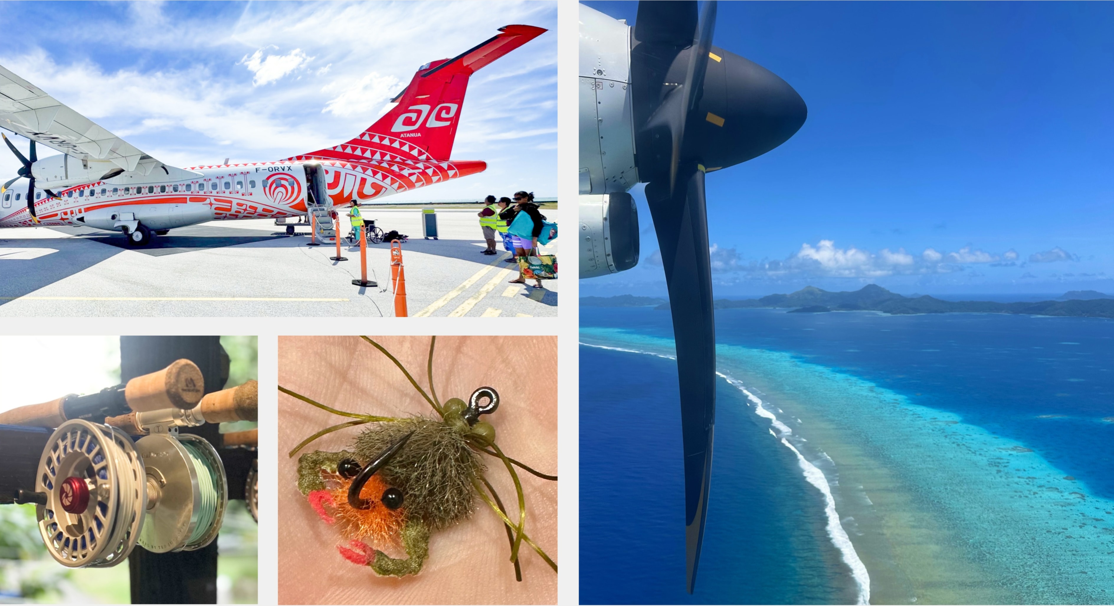South Pacific logistics — aerial view of French Polynesia atolls, fly fishing reels, and triggerfish fly