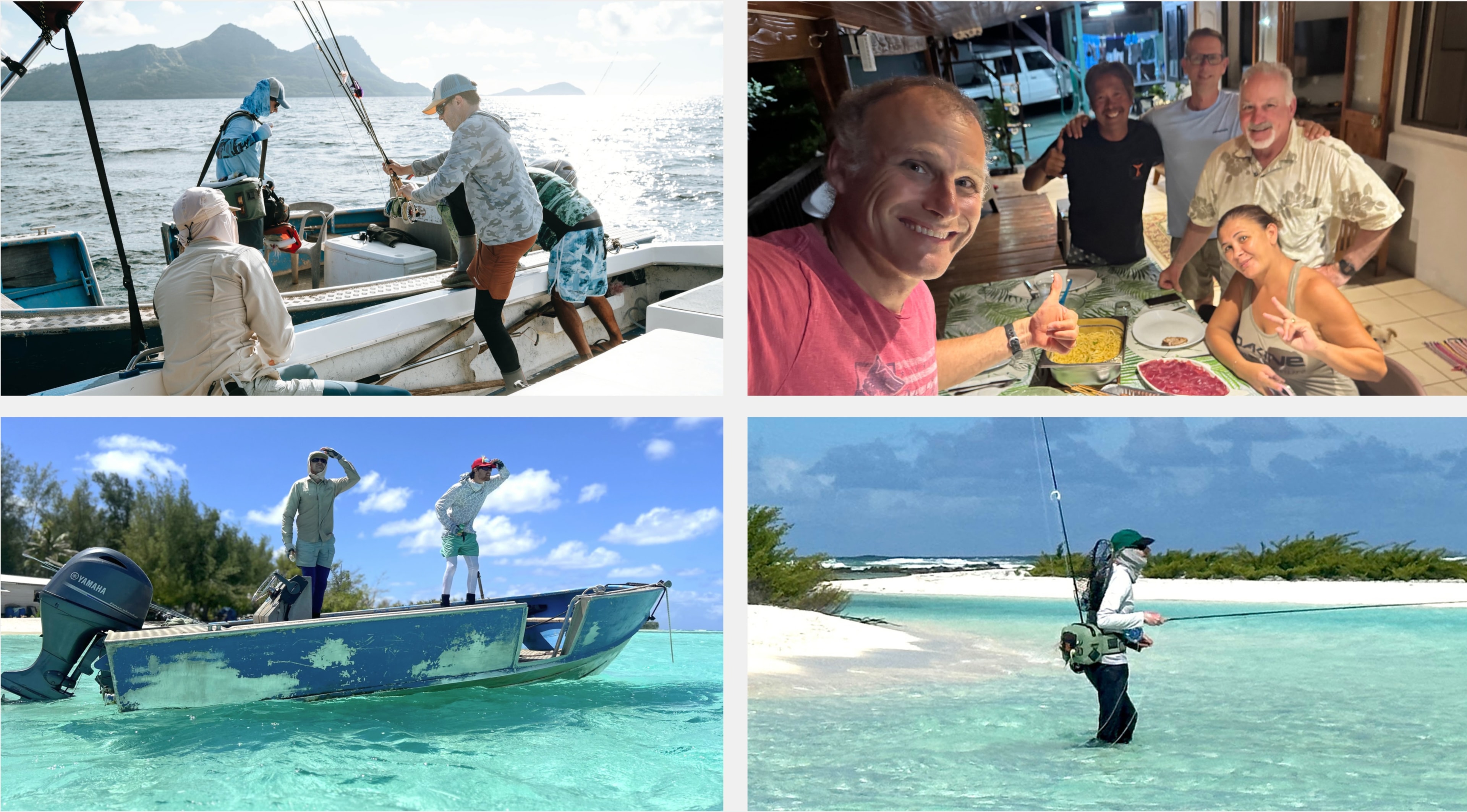 South Pacific anglers French Polynesia — guests dining and fly fishing on an Out Island Odyssey expedition
