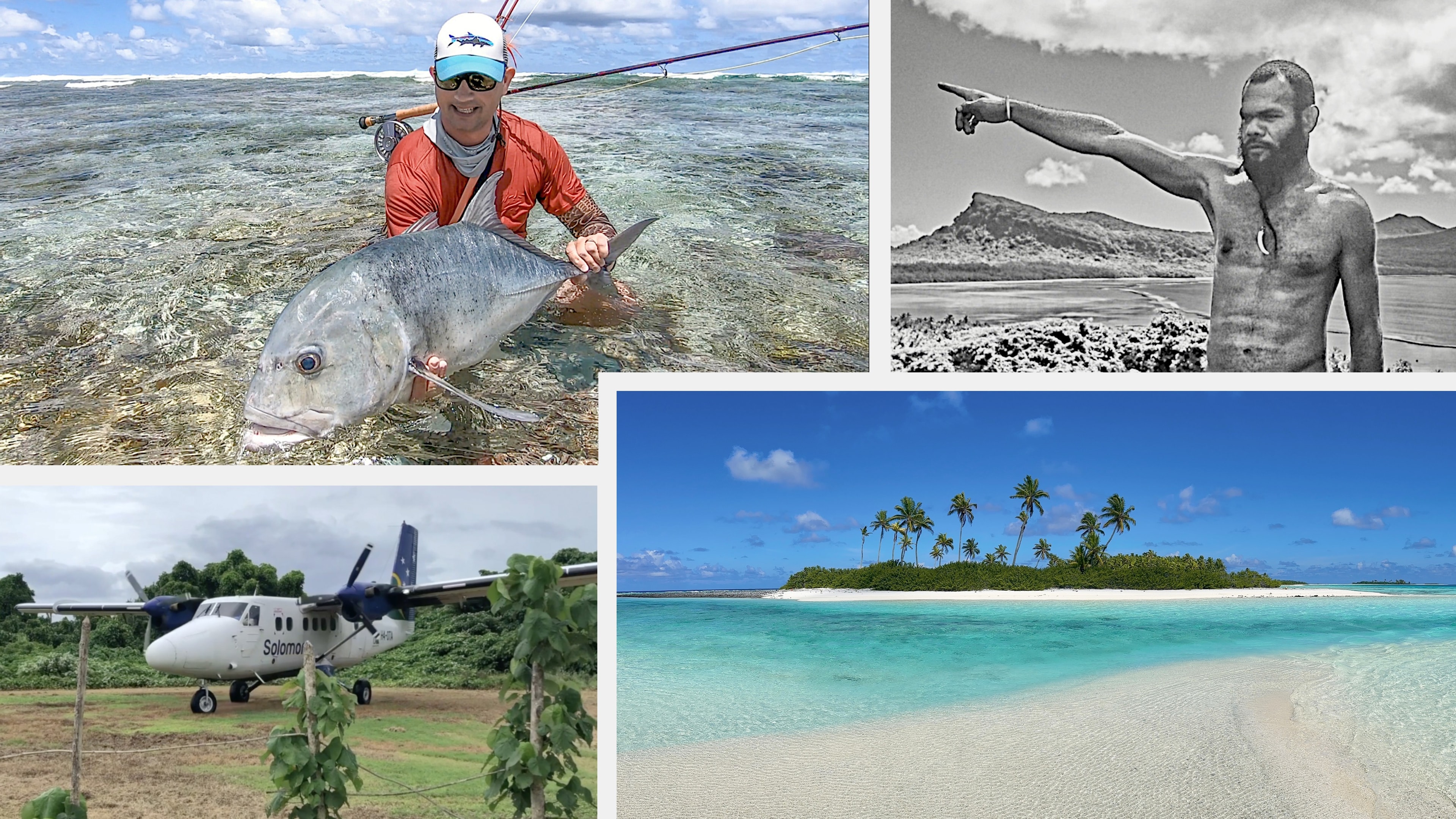 Endless Quest fly fishing adventures collage — giant trevally on the flats, Solomon Airlines prop plane, remote tropical island, and local guide pointing the way
