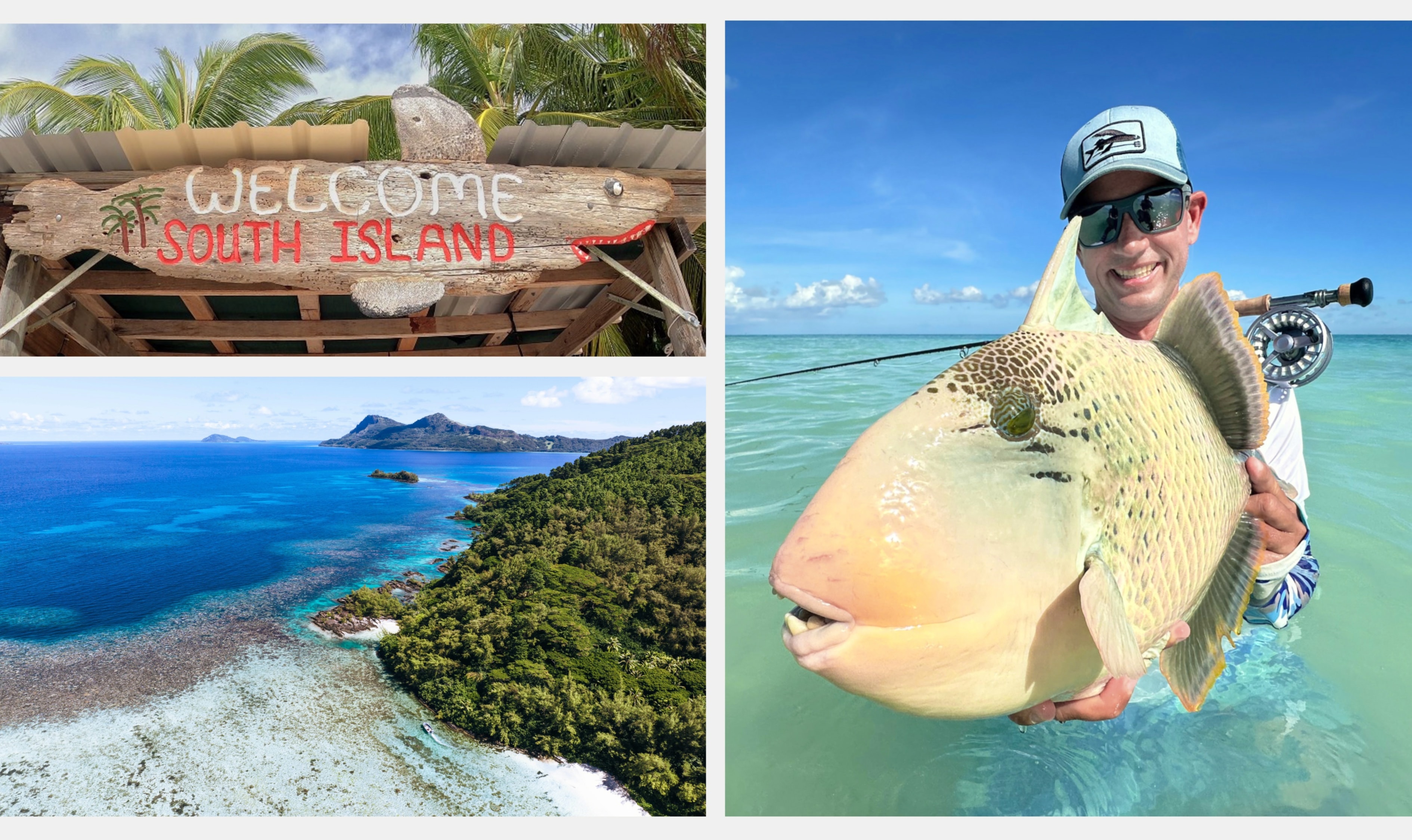 Endless Quest fly fishing adventures — Welcome to South Island sign, aerial view of tropical island coastline, and angler holding a large triggerfish on the flats