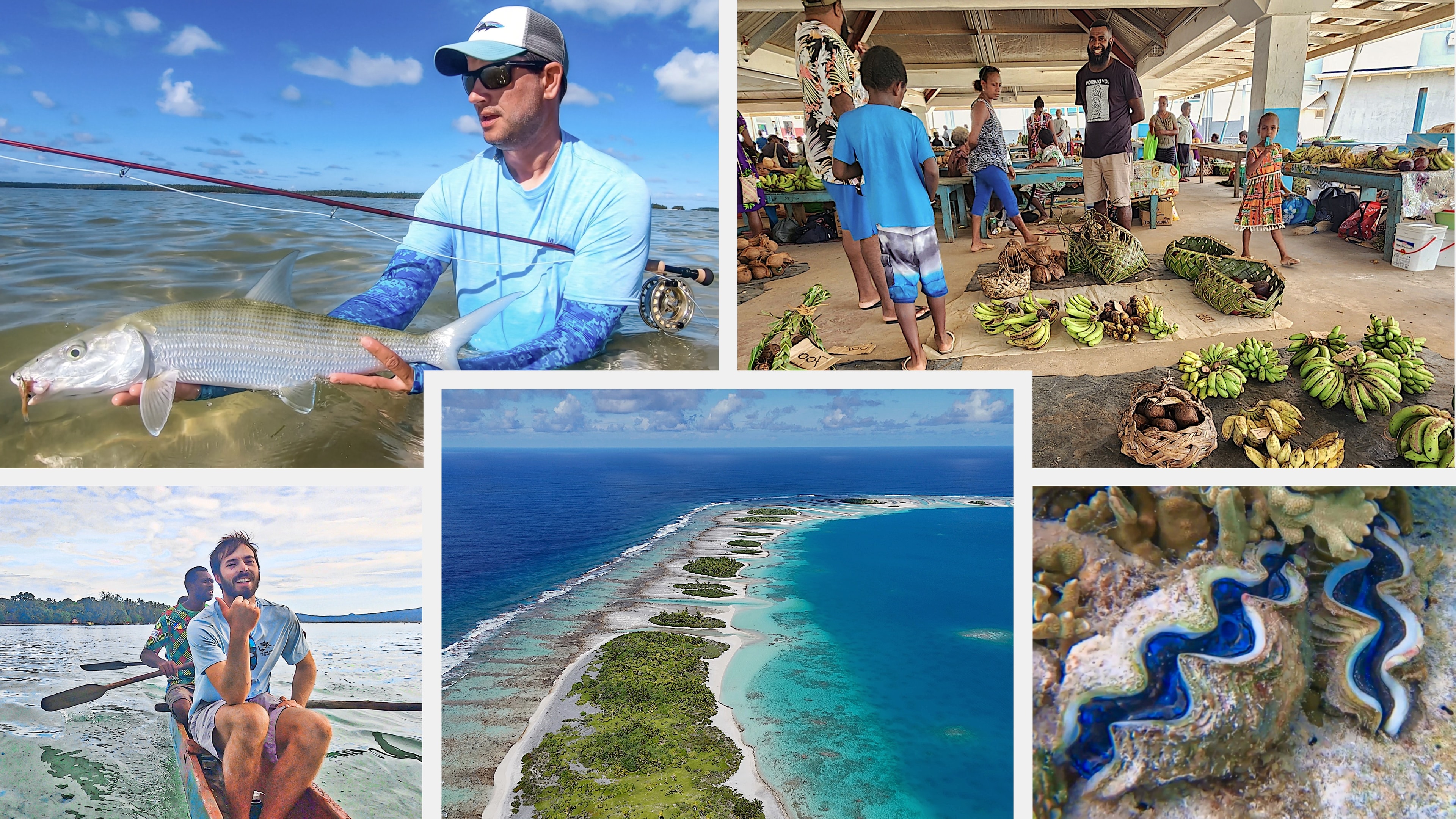 Endless Quest fishing adventures collage — bonefish on fly, local island market, dugout canoe with guides, aerial turquoise reef, and giant clam